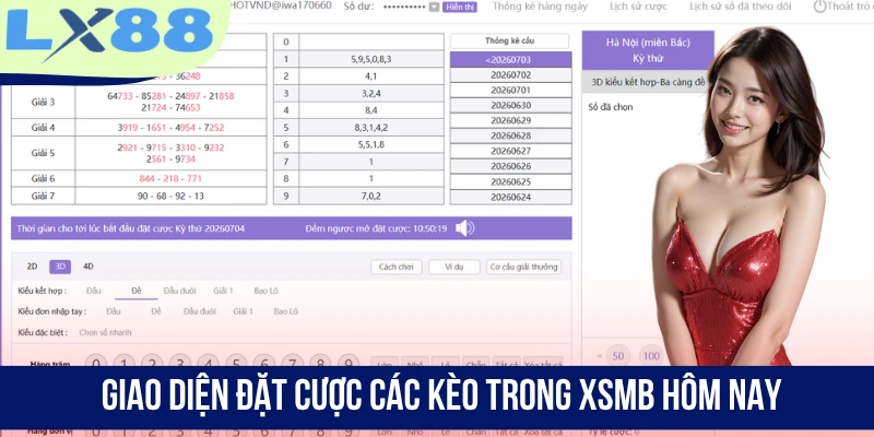 Giao diện đặt cược các kèo trong XSMB hôm nay